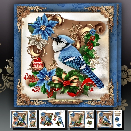 Winter Christmas Bird With Blue Poinsettias Mini Kit