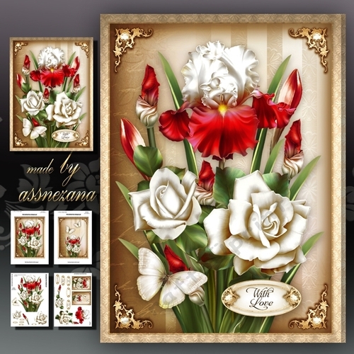 White Red Iris With Roses Card Mini Kit