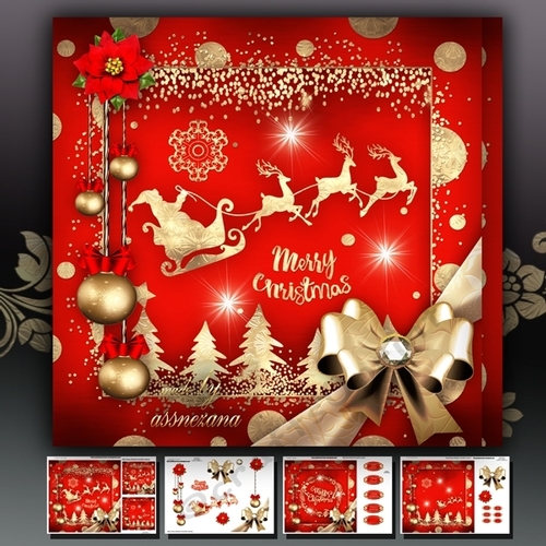 Golden Red Christmas Santa with Reindeers Mini Kit