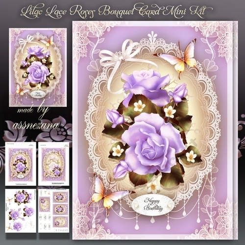 Lilac Lace Roses Bouquet Card Mini Kit