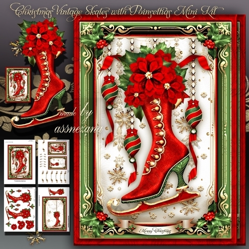 Christmas Vintage Skates with Poinsettias Mini Kit