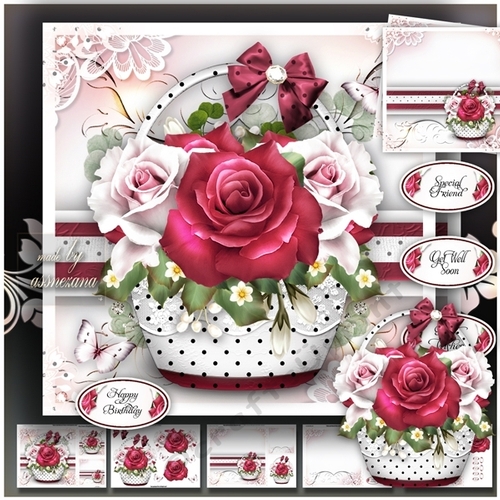 Basket with Ruby White Roses Card Mini Kit