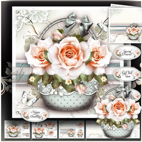 Basket with White Peach Roses Card Mini Kit