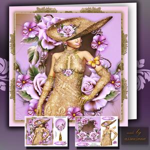 Lady with Gold Dress and Pink Roses Card Front