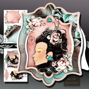 Beauty Lady with Soft Roses in Tag Card Form