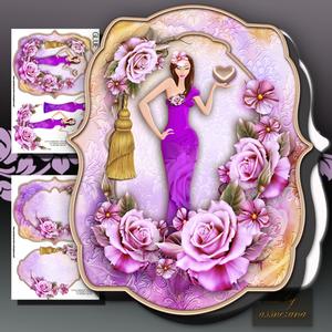 Lady with Heart and Pink Roses in Tag Card Form