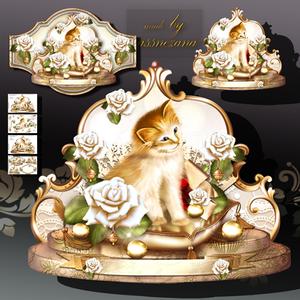 Beautiful Little Cat with Soft White Roses in Vintage Style