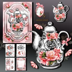 Black and White Teapot with Roses