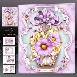 Vintage Basket with Yellow Roses and Violet Chrysanthemum Mini Kit