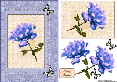Blue Rose on Lace with Butterflies