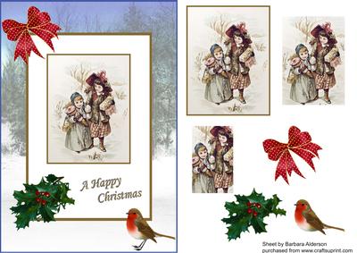 Vintage Girls Bringing Gifts Winter Scene