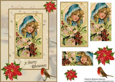 Vintage Young Girl with Holly and Poinsettia