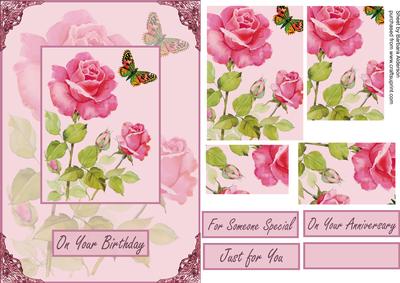 4 Pink Roses and a Butterfly