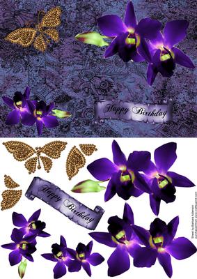 Golden Butterfly and Orchid on Blue