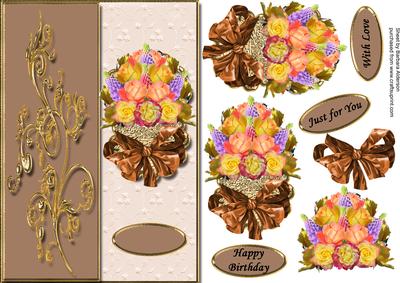 Yellow and Peach Roses with Lupins on a Golden Scallop