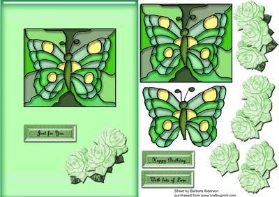 Stained Glass Butterfly and Roses Green
