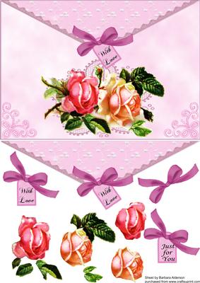 Pink Roses and Lace on Envelope Style Card Front