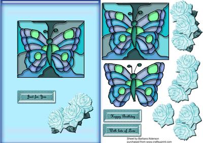 Stained Glass Butterfly with Roses Blue