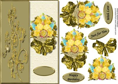 Yellow Roses and Lupins on a Golden Scallop