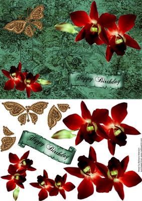 Golden Butterfly and Orchids on Green