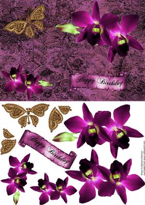 Golden Butterfly and Orchids on Pink
