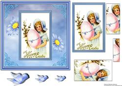 A Happy Easter Girl with Blue Daisies