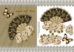 Cream Roses on a Fan with Lace