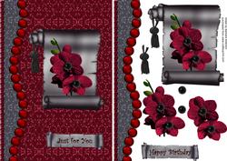 Jewelled Red Flowers on a Black Scroll