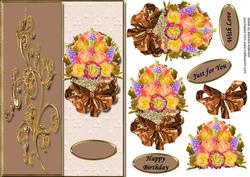 Yellow and Peach Roses with Lupins on a Golden Scallop
