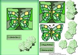 Stained Glass Butterfly and Roses Green