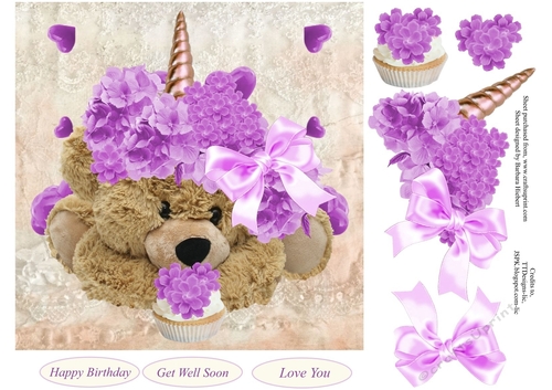 Unicorn Flower Bear Topper with Decoupage