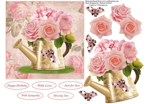 Water Can with Pink Rose Decoupage
