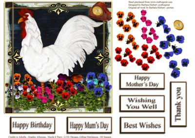 White Rooster and Pansies