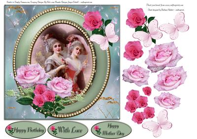 Vintage Ladies with Pink Roses in Green Pearl Framee