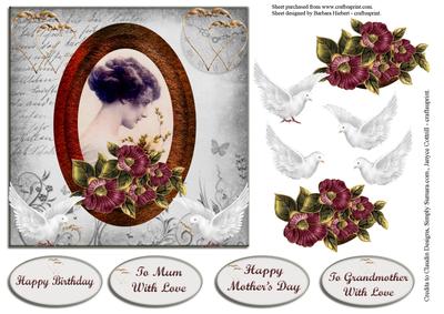 Vintage Lady Portrait in Oval Frame & White Doves