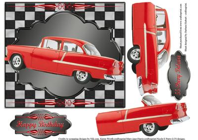 55 Red Chevy Belair on Checkered Background with Decoupage
