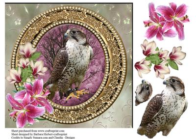 Hawk Portrait with Pink Tiger Lilies and Decoupage