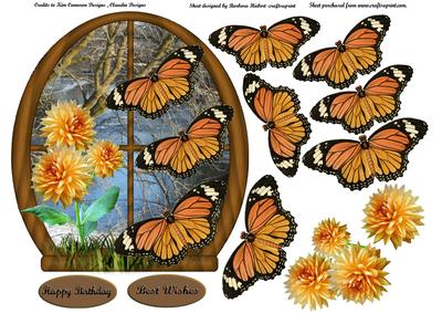 River Window with Butterflies and Flowers and Decoupage