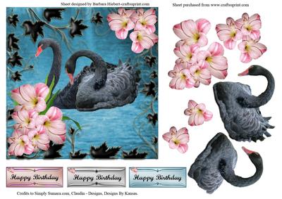 Peacefull Black Swans with Flower Decoupage Card Topper