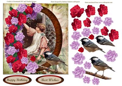 Vintage Girl Picking Roses and Lilacs with Decoupage