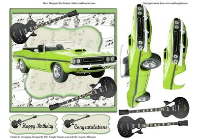 Green Hot Car with Guitar Music Card Topper & Decoupage