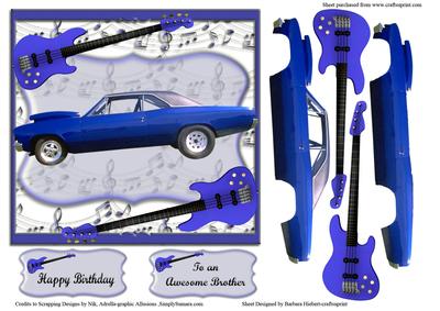 Blue Guitar Music & Blue Hot Car Card Topper with Decoupage