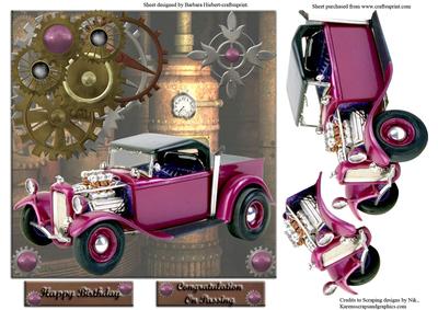 32 Ford Pickup Hot Rod Steampunk Card Topper with Decoupage