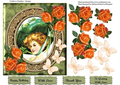 Oval Portrait Lady Big Green Hat with Rose Decoupage