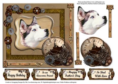 Huskey Portrait and Steam Punk Time Bits Decoupage