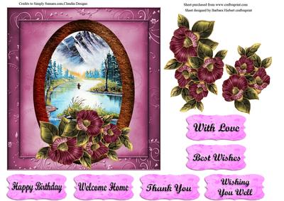Dark Pink Scenic Mountain in Oval Frame