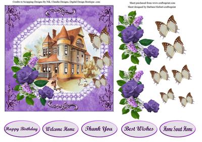 Victorian House with Blue Roses & Lilac Decoupage