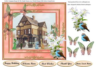 Victorian Welcome Scenic Picture with Lily & Bird Decoupage