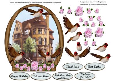 Old House with Rose and Bird Decoupage in Oval Window