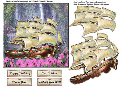 Scenic Ship at Waterfalls with Flowers and Decoupage